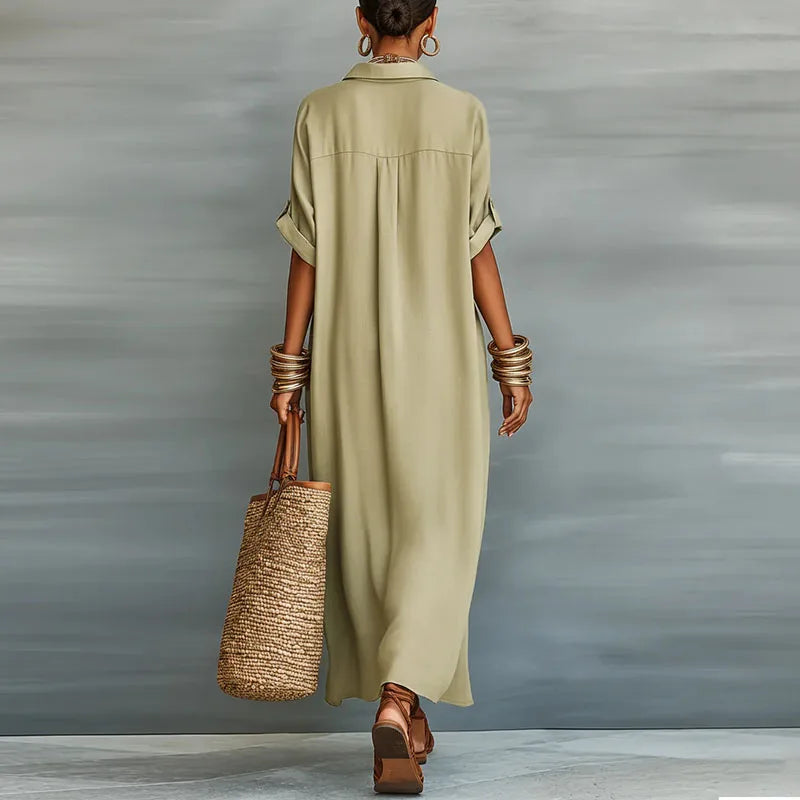 Elegante abito chemisier lungo casual chic da donna in tessuto misto, con bottoni, ideale per la moda estiva.