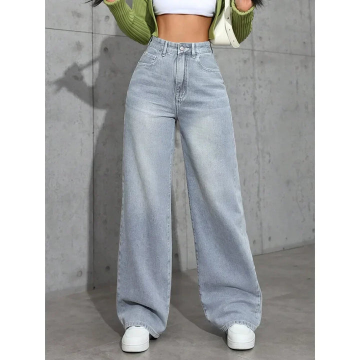 Pantaloni in denim larghi a vita alta per donna. Look casual-chic e confortevole per outfit versatili.