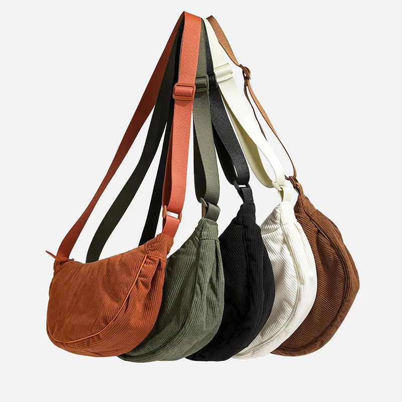 Borsa tracolla donna vintage in velluto a coste, leggera e casual per uso giornaliero.