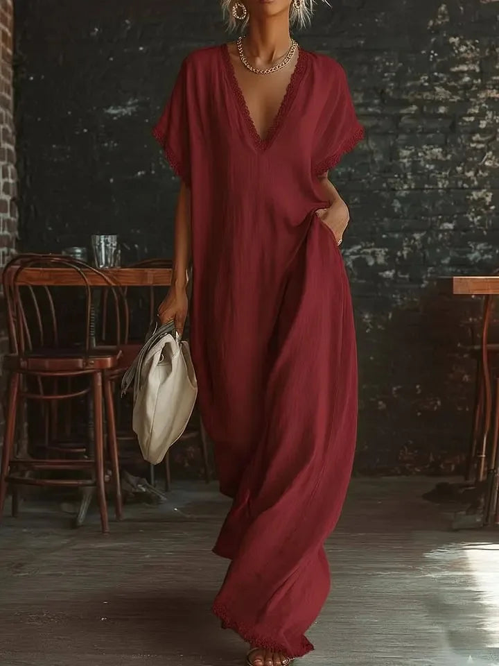Elegante abito lungo estivo con scollo a V, per donna, e raffinato pizzo, un classico intramontabile.