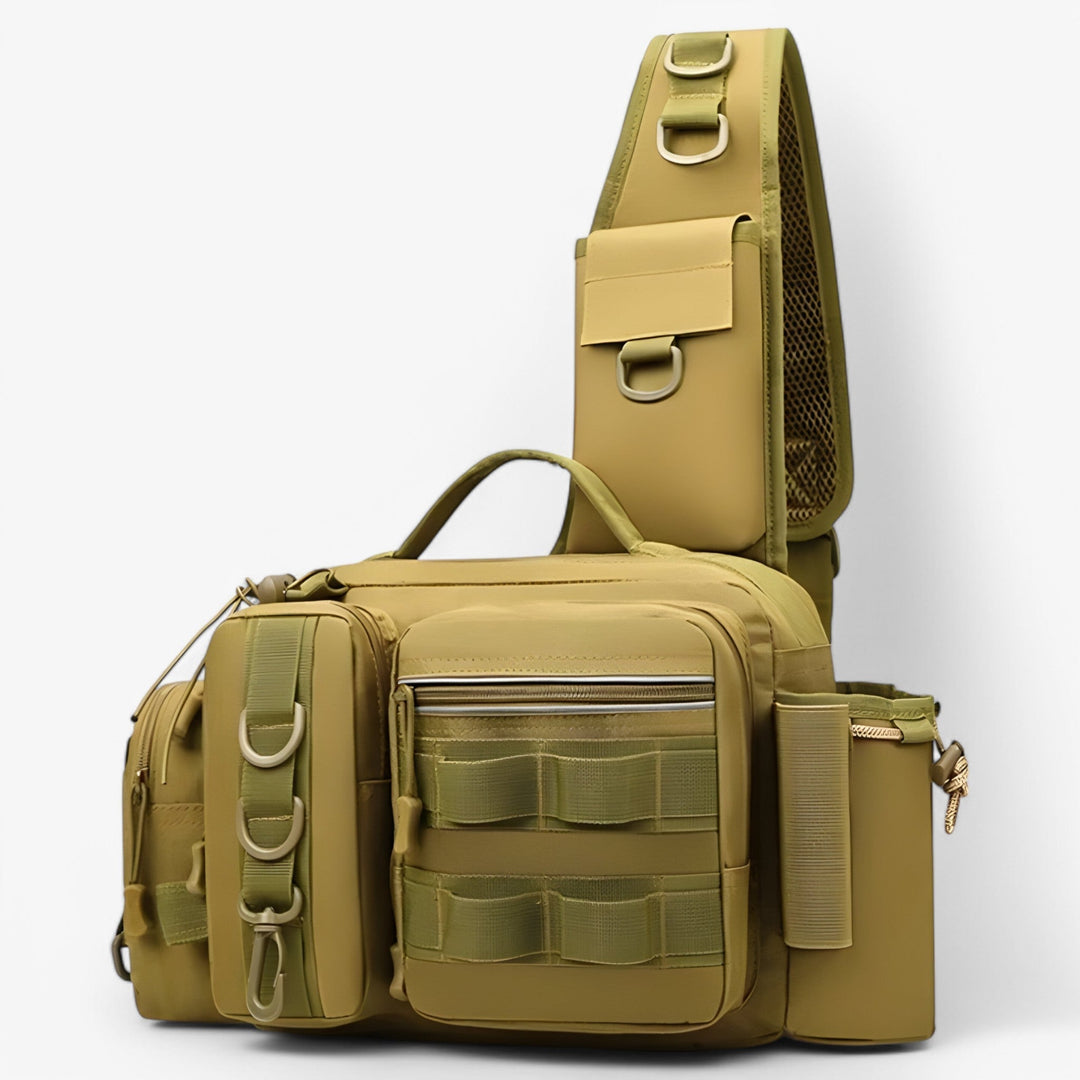 Borsa da pesca uomo multifunzionale con tasche multiple, ideale per organizzare attrezzatura e accessori.
