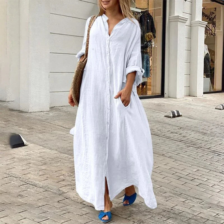 Chemisier oversize da donna in puro lino naturale, taglio lungo e fluido, versatile per outfit estivi casual ed eleganti.
