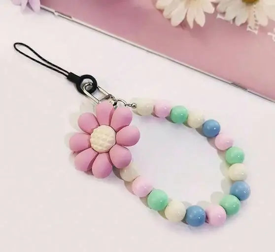 Laccetto trendy per smartphone donna, con perline macaron colorate e fiore decorativo, che stile!