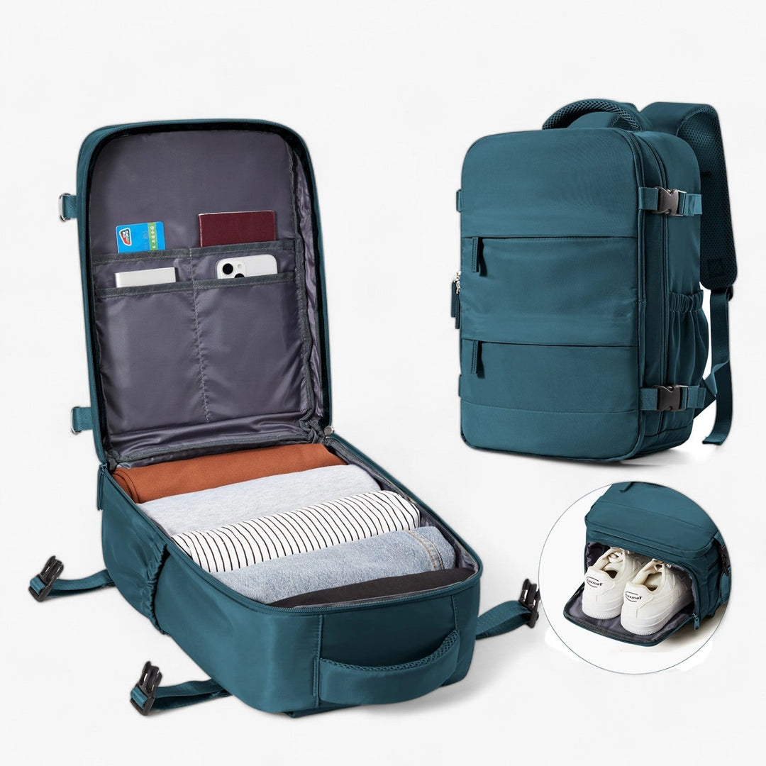 Zaino da viaggio uomo compatto per cabina, ideale per voli e brevi soggiorni.