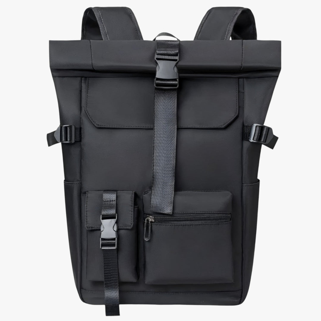 Zaino roll top uomo grigio scuro, stile moderno e funzionale per viaggi e uso quotidiano.