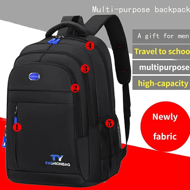 Zaino grande capacità in nylon, unisex, con tasche frontali e laterali. Scomparto interno per laptop, scuola/viaggio.