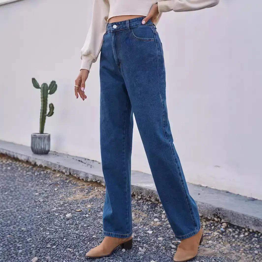 Jeans Mom casual da donna a vita alta, blu scuro. Perfetti per un look comodo, rilassato e alla moda.