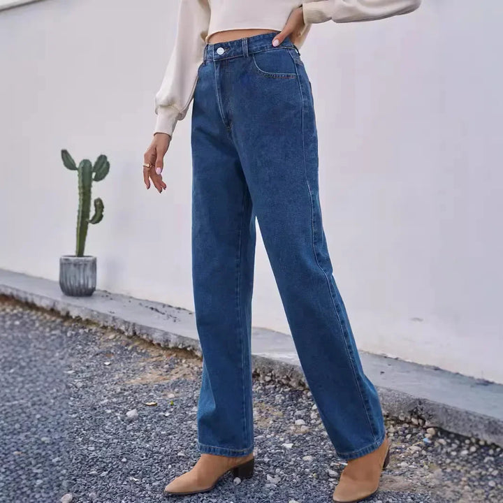 Jeans Mom casual da donna a vita alta, blu scuro. Perfetti per un look comodo, rilassato e alla moda.