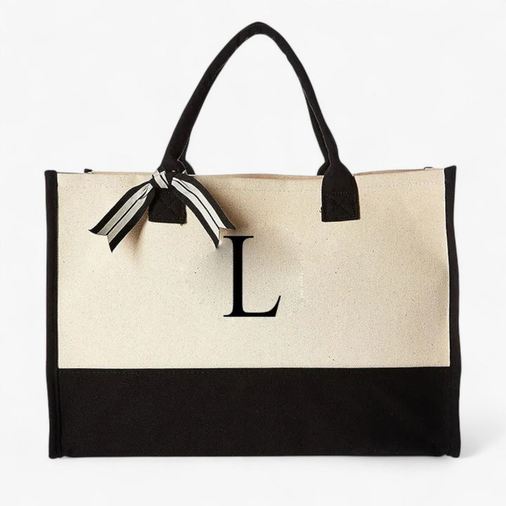 Borsa tote personalizzata: iniziale, beige e nero. Un accessorio da donna grande e versatile per ogni occasione.
