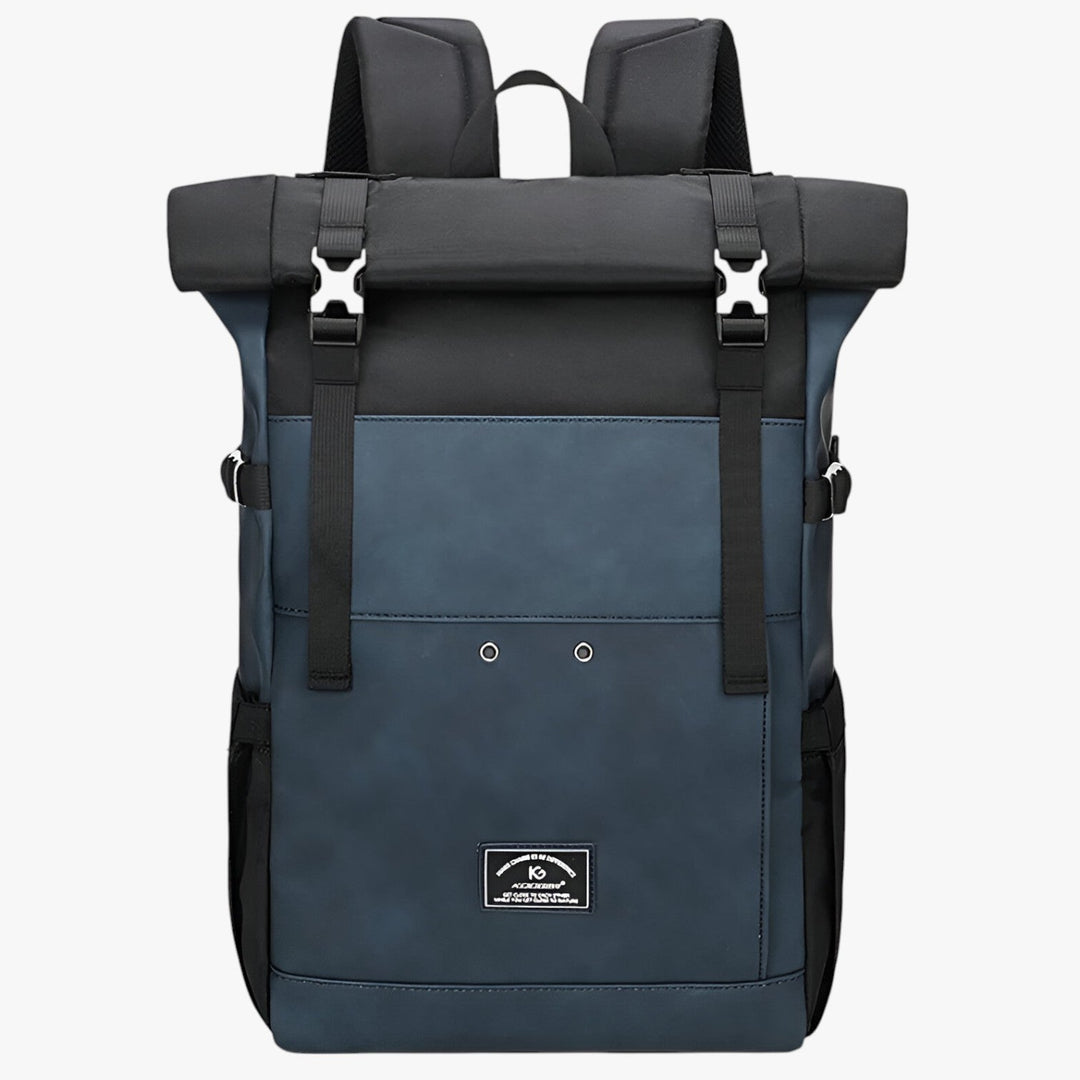 Zaino uomo multiscomparto in tessuto per viaggi e avventure, disponibile in grigio, giallo e blu.