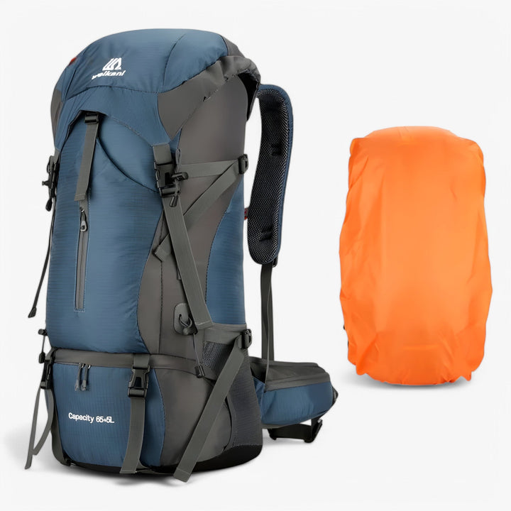 Zaino da viaggio uomo 70L, materiale durevole e cinghie di compressione per stabilità in montagna.