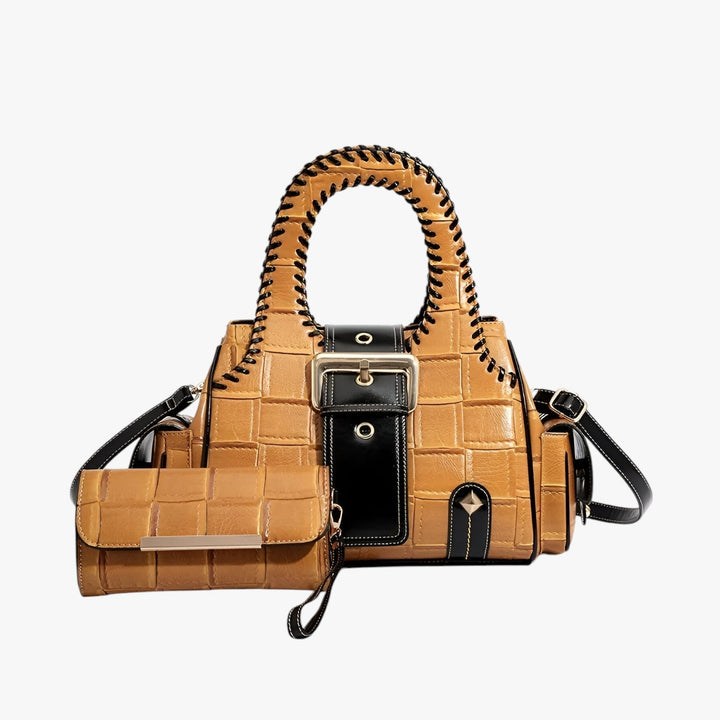 Borsa a mano donna gialla intrecciata, accessorio essenziale per la quotidianità, in materiale sintetico.