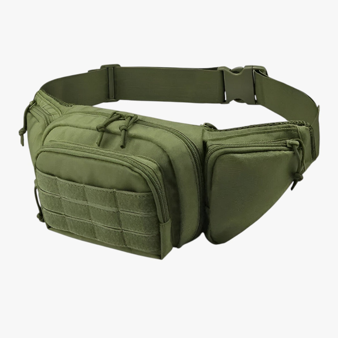 Marsupio tattico uomo versatile in nero, verde e cachi. Ideale per sport outdoor, escursioni e tempo libero.