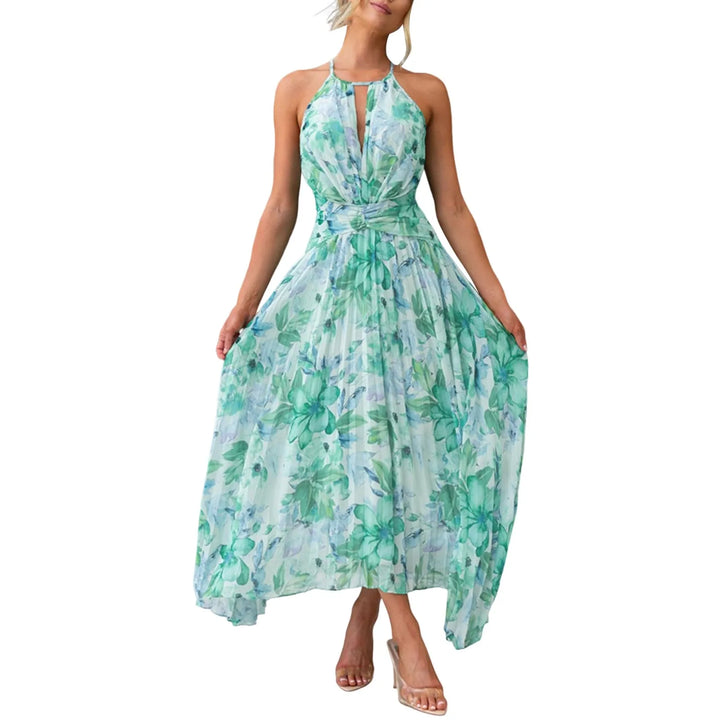 Abito estivo maxi boho chic con stampa floreale e collo halter. Ideale per vacanze e look eleganti da donna.