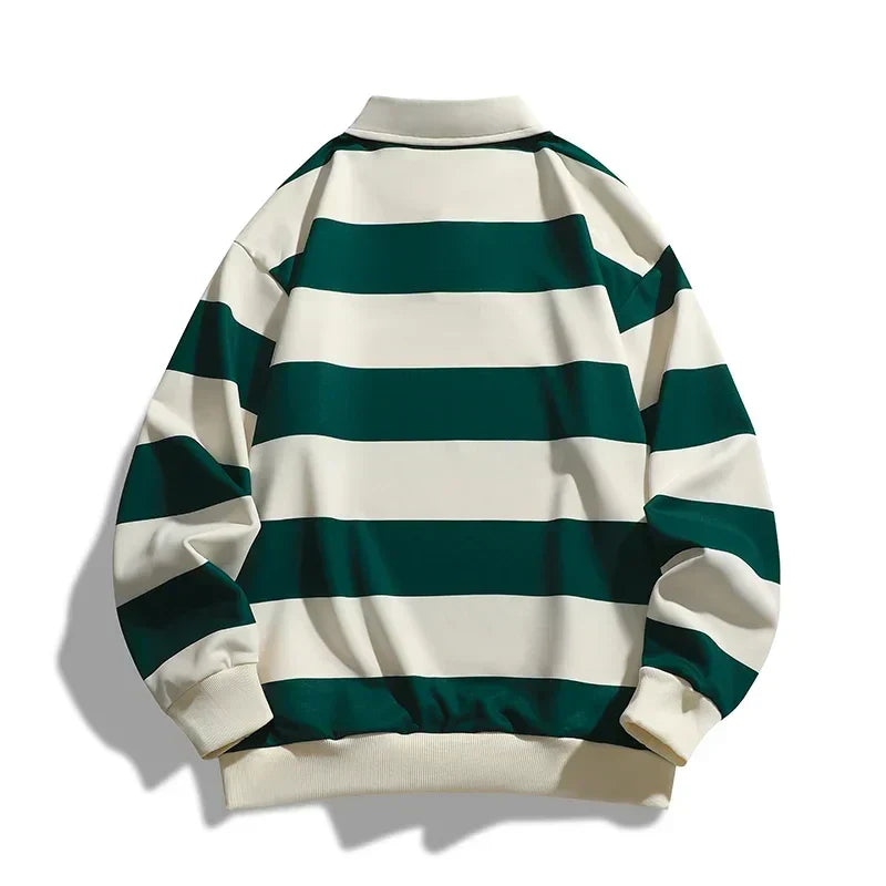 Polo uomo a maniche lunghe a righe sottili, design moderno e vestibilità comoda per il tempo libero.