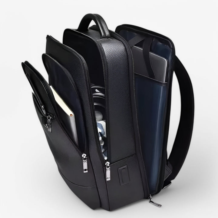 Zaino da uomo porta laptop, comodo e organizzato, nero, ideale per uso quotidiano in ufficio e in viaggio.
