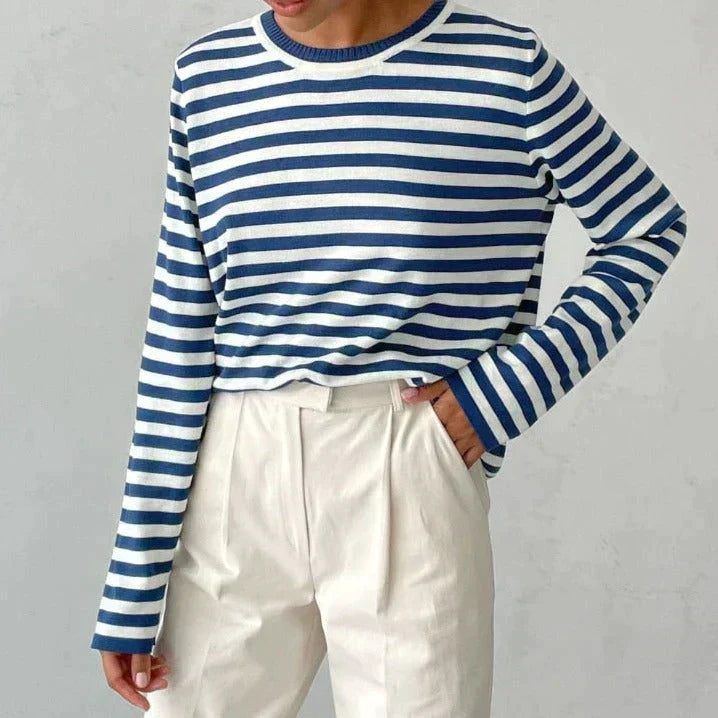 Felpa donna casual a righe multicolor, maniche lunghe e girocollo. Perfetta per un abbigliamento comodo.