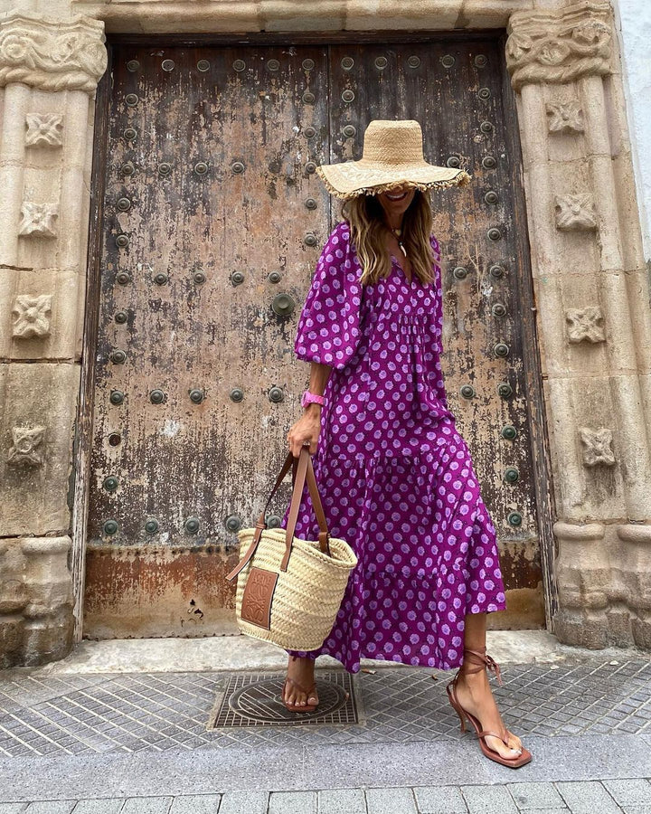 Abito lungo bohémien donna, moda estiva rilassata e chic, perfetto per un look vacanza elegante.