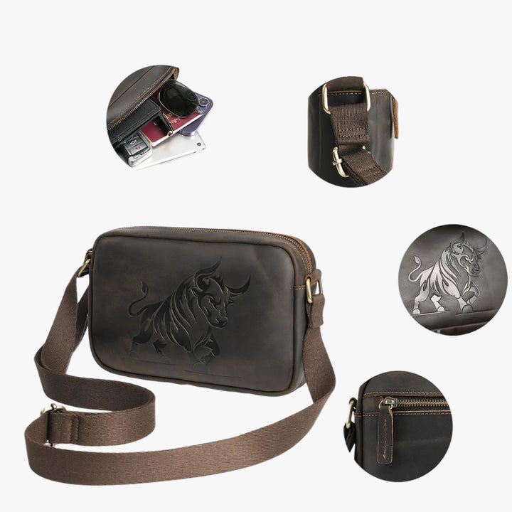 Accessorio maschile versatile: borsa a tracolla marrone con motivo leone. Ideale per ogni occasione.