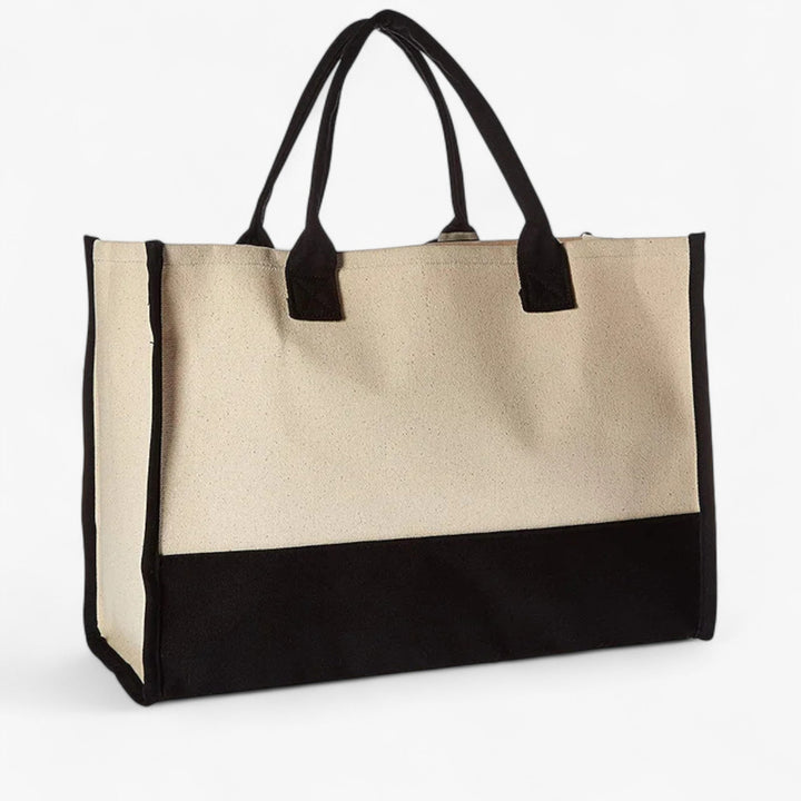 Borsa tote grande da donna in beige e nero, personalizzata con iniziale. Perfetta per l'uso quotidiano.