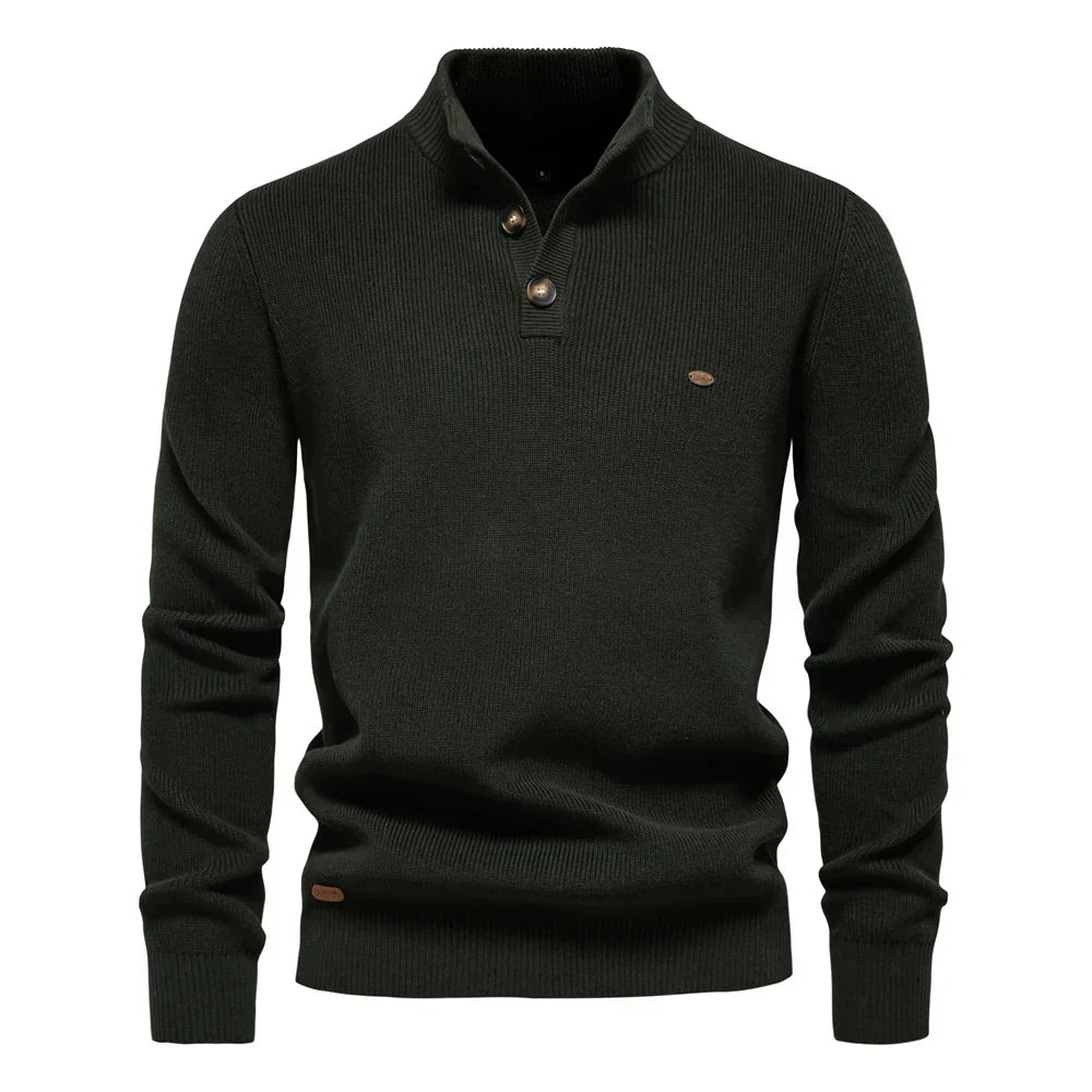 Maglione uomo confortevole, maglieria con bordi a coste e dettagli bottoni per stile moda maschile.