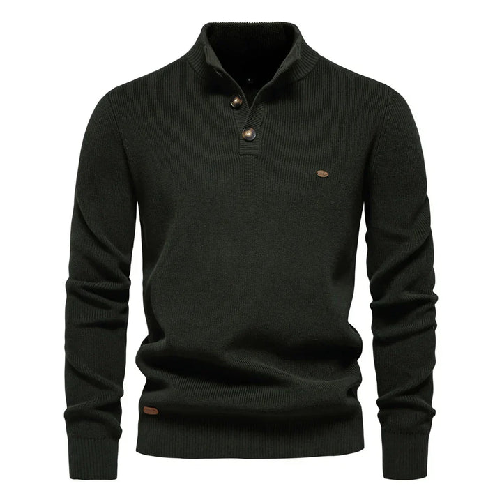 Maglione uomo confortevole, maglieria con bordi a coste e dettagli bottoni per stile moda maschile.