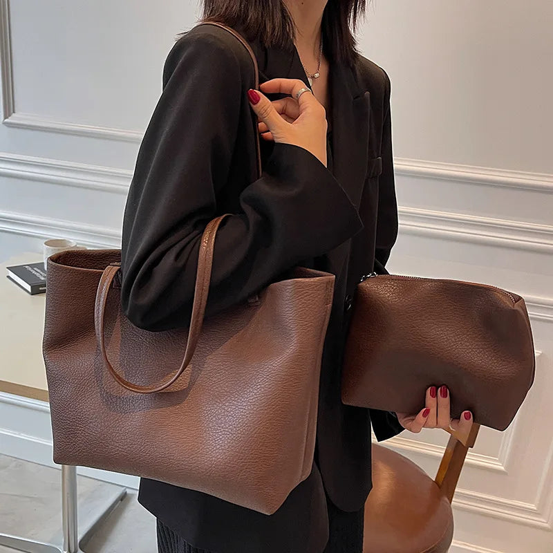 Capiente borsa a spalla da donna in pelle sintetica stile vintage, perfetta per la scuola.