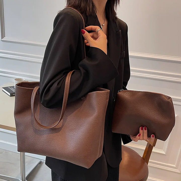 Capiente borsa a spalla da donna in pelle sintetica stile vintage, perfetta per la scuola.