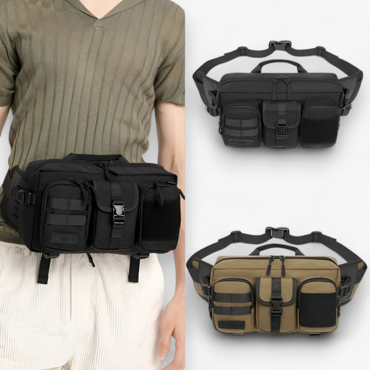 Marsupio kaki unisex con tasche multiple, ideale per praticità e organizzazione nel quotidiano.
