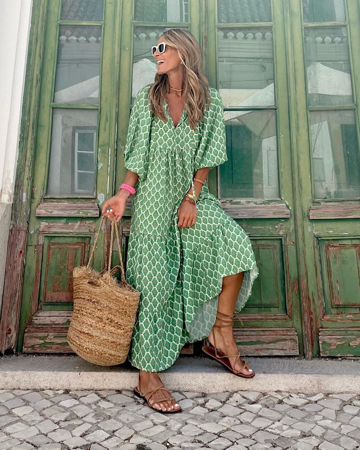 Maxiabito donna bohémien per vacanze, vestito estivo rilassato ideale per spiaggia e tempo libero.