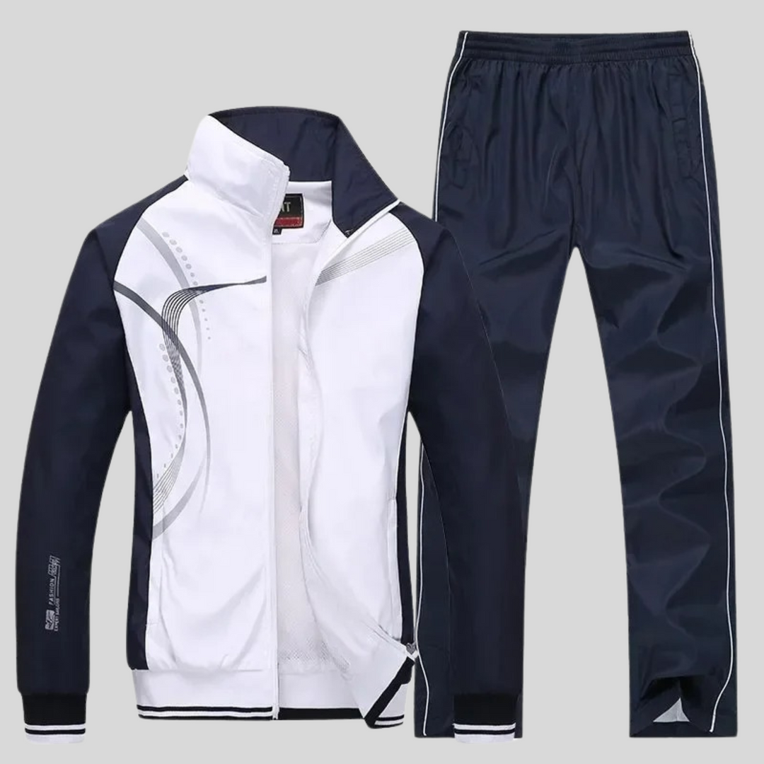 Completo sportivo uomo athleisure: giacca e joggers per fitness, tempo libero e comfort quotidiano.