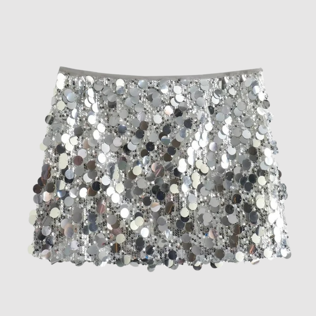 Gonna mini da donna con paillettes nere scintillanti, perfetta per un look elegante e glamour da sera o party.