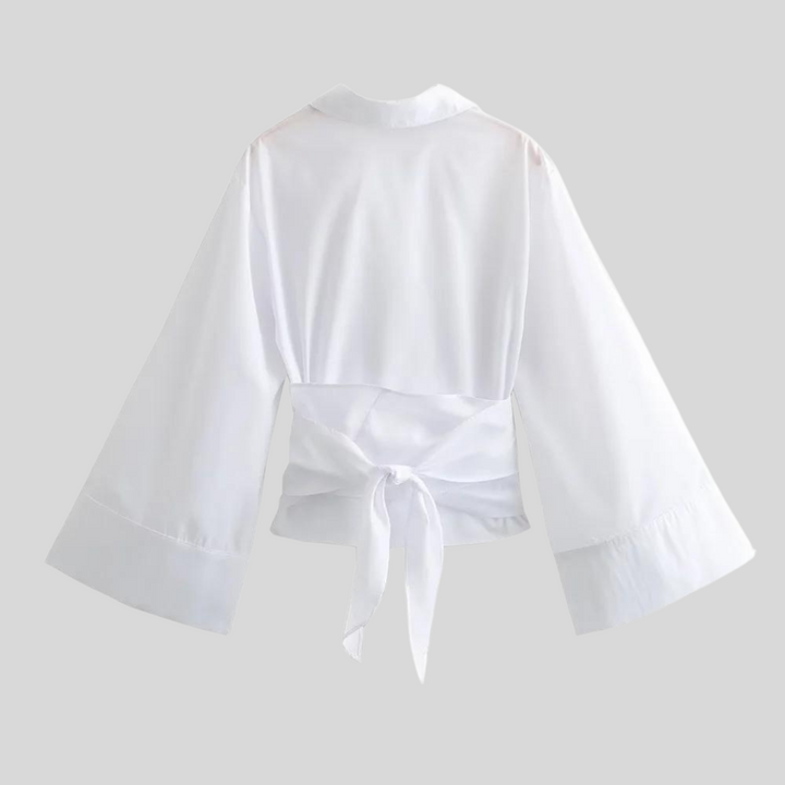 Camicetta donna a maniche lunghe in blu o bianco, elegante e versatile per ufficio, casual e moda estiva.