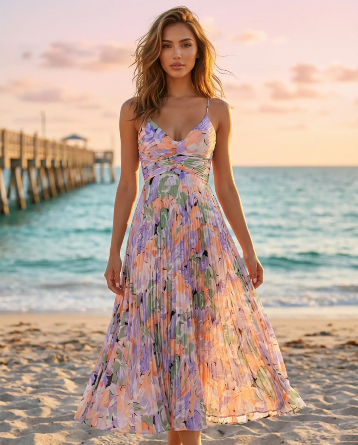 Abito midi donna floreale elegante e casual, leggero, con scollo a V, perfetto per l'estate e il tempo libero.