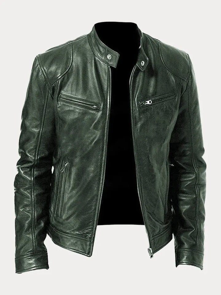 Giacca uomo autunnale calda, stile biker, con polsini regolabili. Perfetta per il freddo e moda maschile.