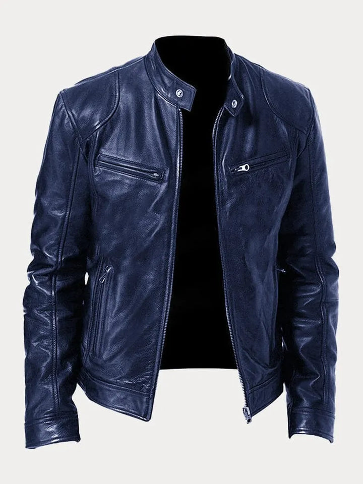 Giacca nera calda, stile biker casual, per uomo. Polsini regolabili e comfort per l'autunno-inverno.