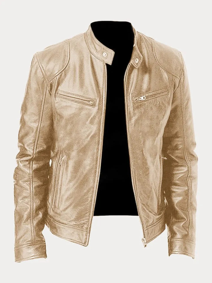 Giacca biker uomo, colore marrone, calda e con polsini regolabili. Perfetta per la moda maschile.