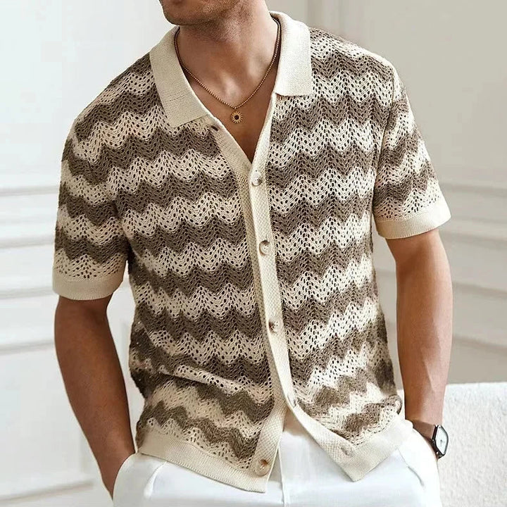 Camicia uomo estiva casual da vacanza, perfetta per outfit moda mare all'uncinetto con bottoni.