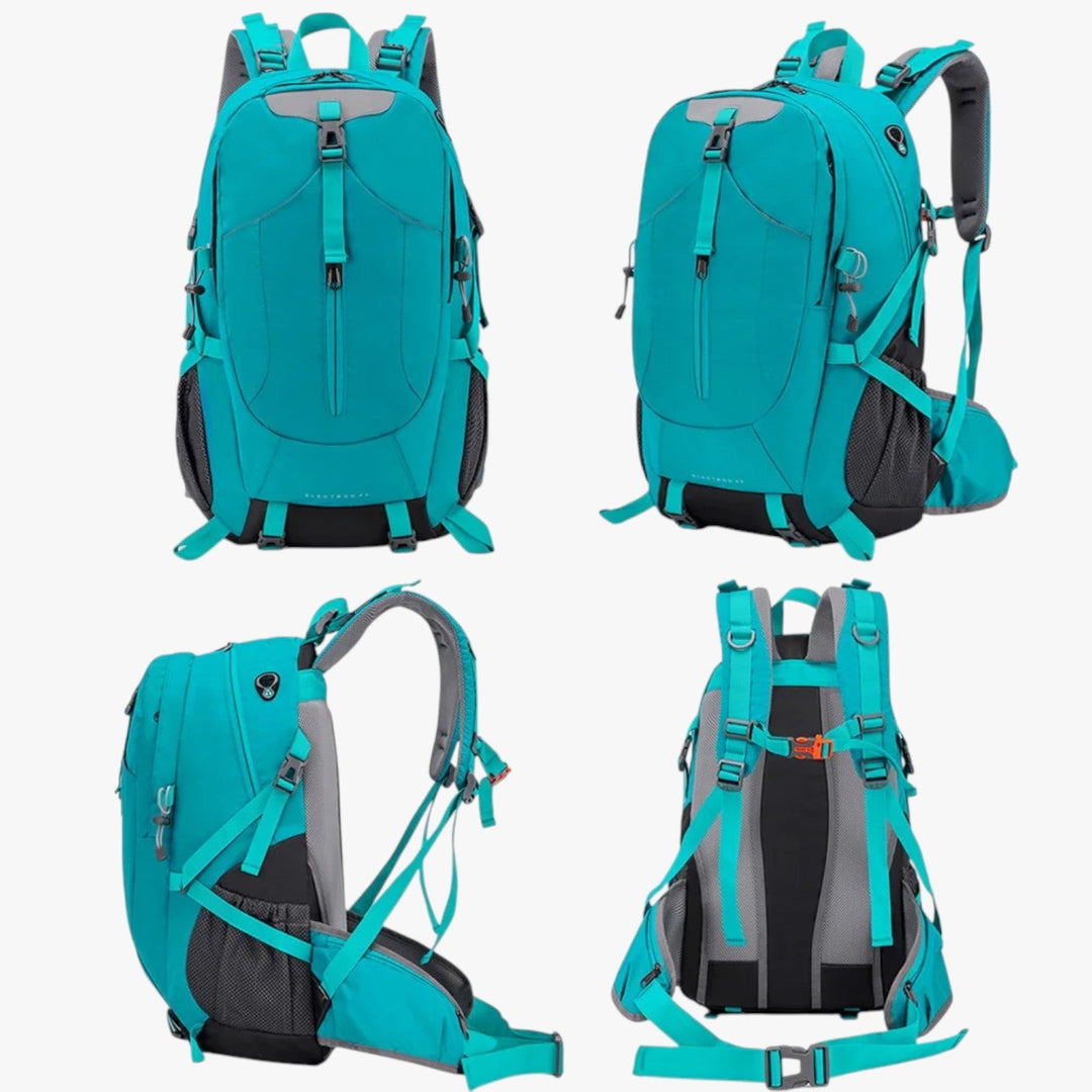 Primo piano fibbie e cinghie regolabili su zaino da trekking unisex 40L.