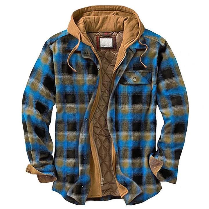 Giacca protettiva da uomo, imbottita a quadri, con cappuccio. Stile casual ed essenziale per l'inverno.