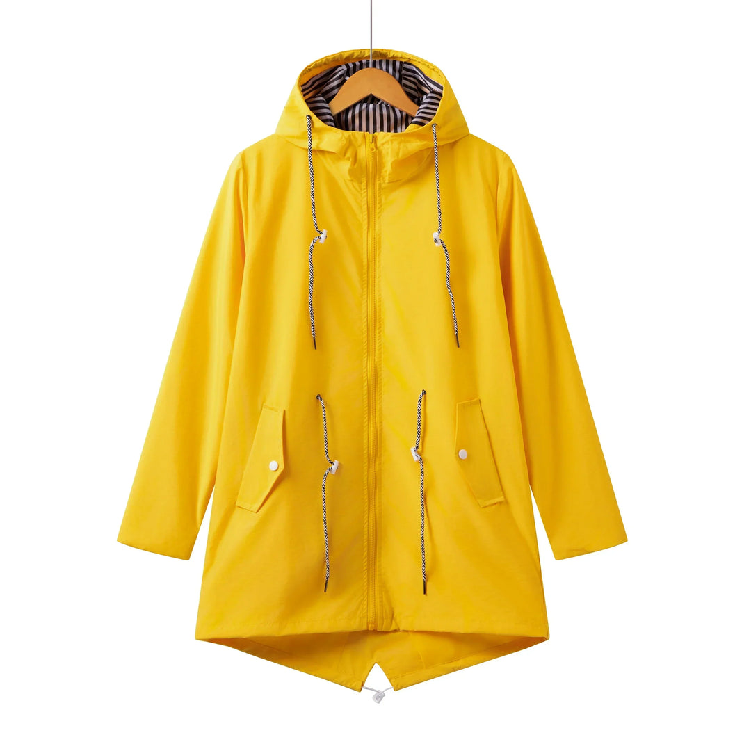 Trench donna impermeabile con cappuccio, elegante abbigliamento esterno per stile e protezione pioggia. Colori assortiti.