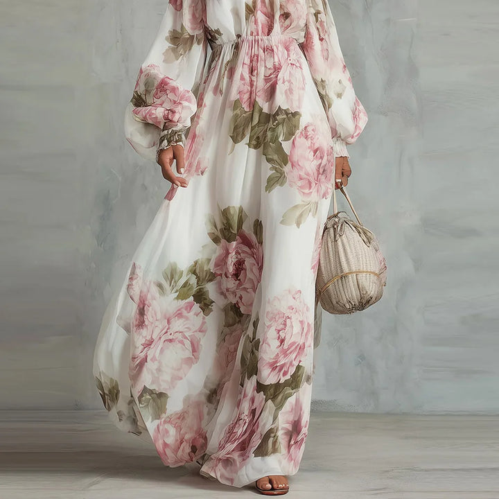 Maxi dress donna floreale con stampa vivace e spalle scoperte, versatile per casual o eventi estivi.