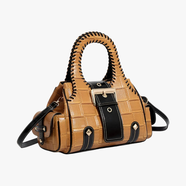 Elegante borsa intrecciata gialla da donna, accessorio versatile in materiale sintetico per ogni giorno.