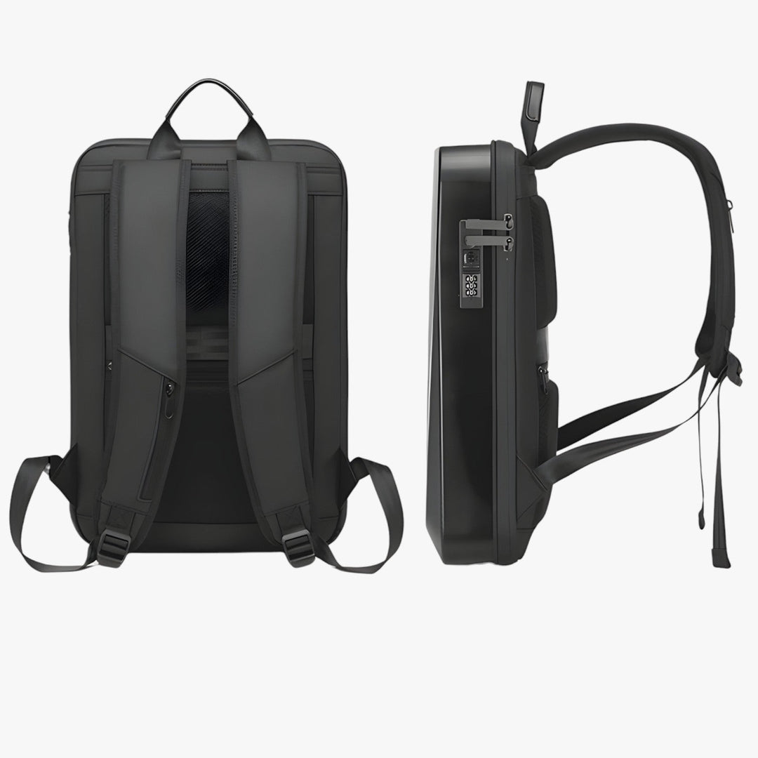 Zaino rigido nero per laptop con dettagli argento, design urbano e massima sicurezza.