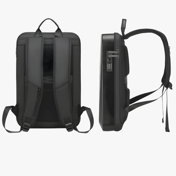 Zaino rigido nero per laptop con dettagli argento, design urbano e massima sicurezza.