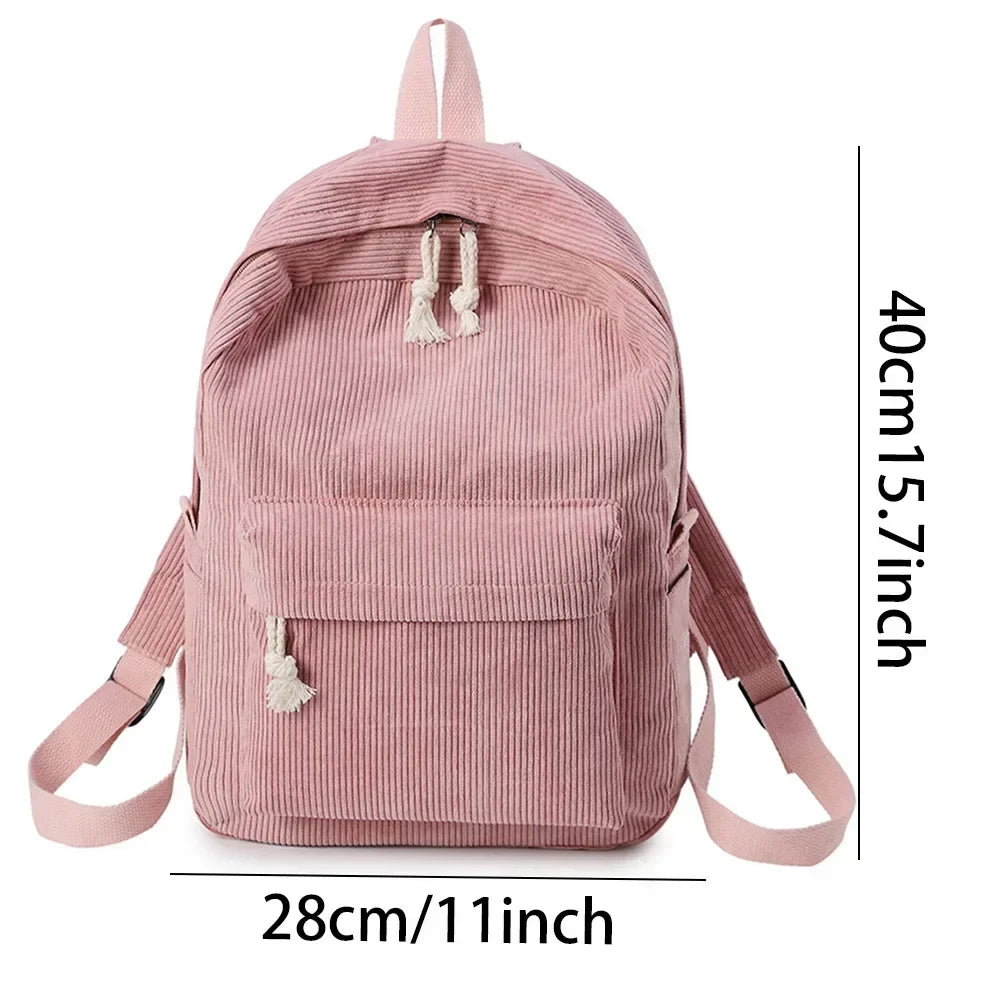 Zaino velluto a coste unisex con tasche esterne, pratico e casual per scuola, università e viaggi.