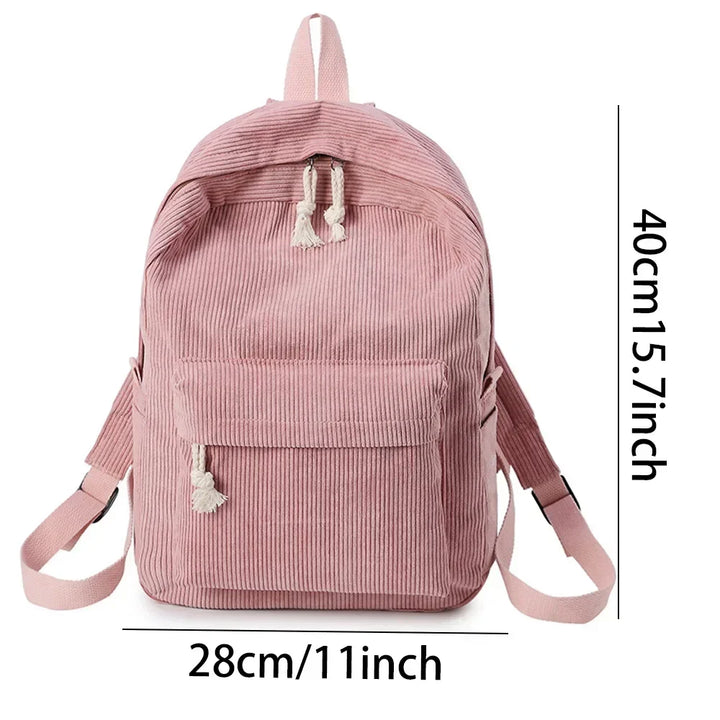 Zaino velluto a coste unisex con tasche esterne, pratico e casual per scuola, università e viaggi.