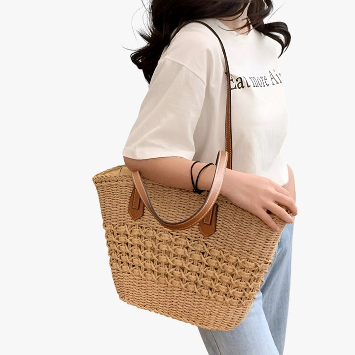 Borsa da donna in paglia, tote estiva versatile per la città e il mare, stile chic.