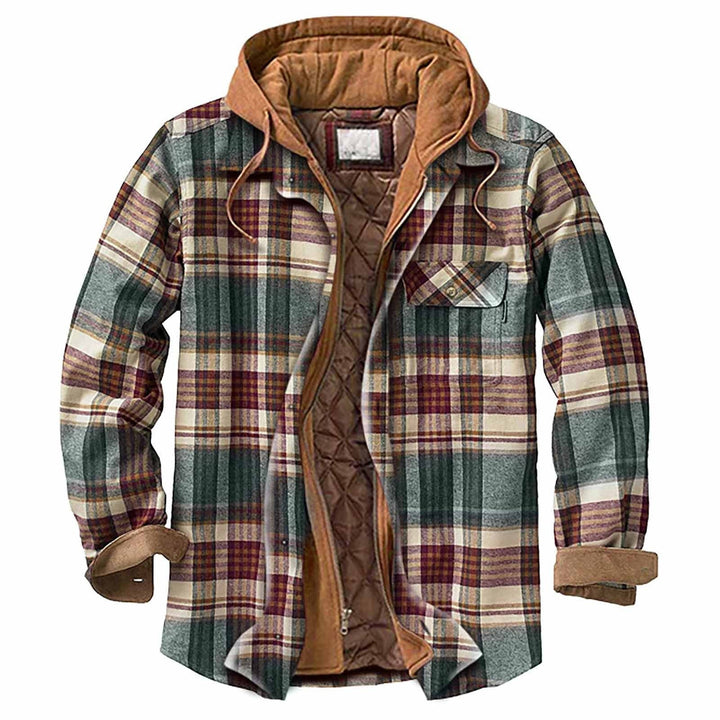 Giacca moda uomo imbottita a quadri, con cappuccio. Capo casual e multifunzionale per l'inverno.