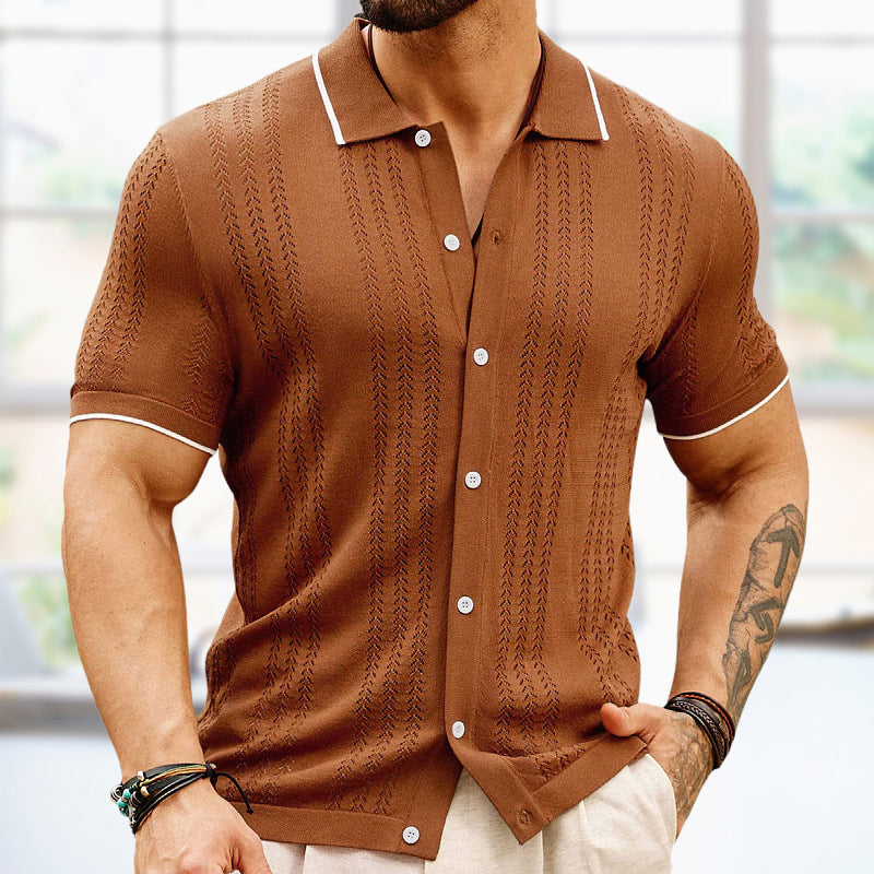 Camicia uomo estiva jacquard blu navy a maniche corte, con bottoni e vestibilità classica per look casual ed eleganti P/E.
